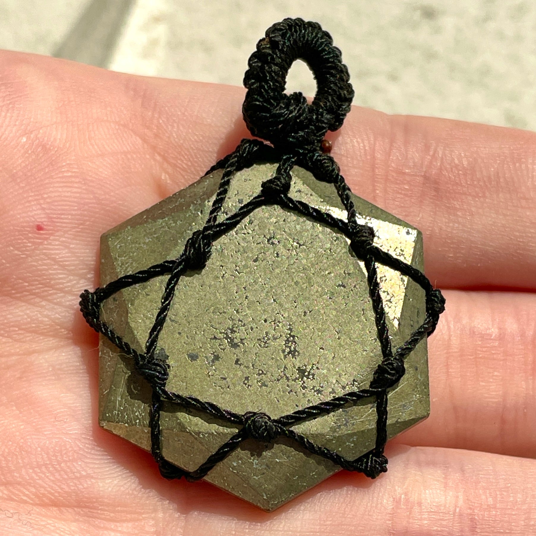 Pyrite - Macrame Wrapped Hexagonal Pendant Pyrite - Macrame Wrapped Hexagonal Pendant